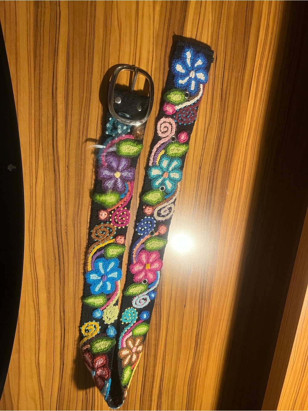 Peruvian Woven Andean Flower on Black Belt Boho Cottagecore Fairy
